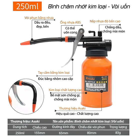 Bình châm nhớt kim loại vòi dẻo 250mm ASAKI AK 1051