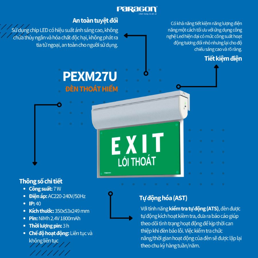 Đèn Exit thoát hiểm 2 mặt Paragon PEXM27U 1