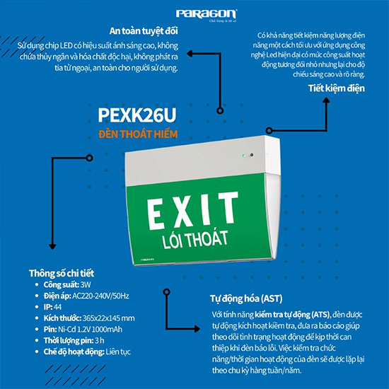 Đèn Exit thoát hiểm PEXK26U 3