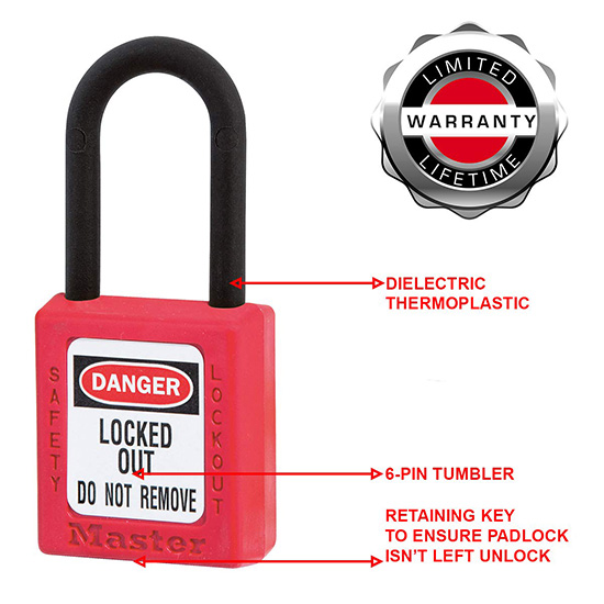 Ổ khóa an toàn nhựa nhiệt dẻo màu đỏ còng nylon 6mm Master Lock 406RED